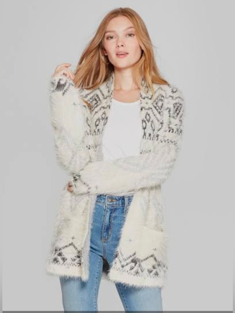 Knox Rose Cream & Black Geometric Open-Front Fuzzy Cardigan Sweater Size M